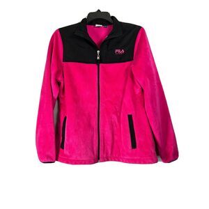 FILA Fleece Jacket Women's MEDIUM Pink Black Full Zip with Front Pockets